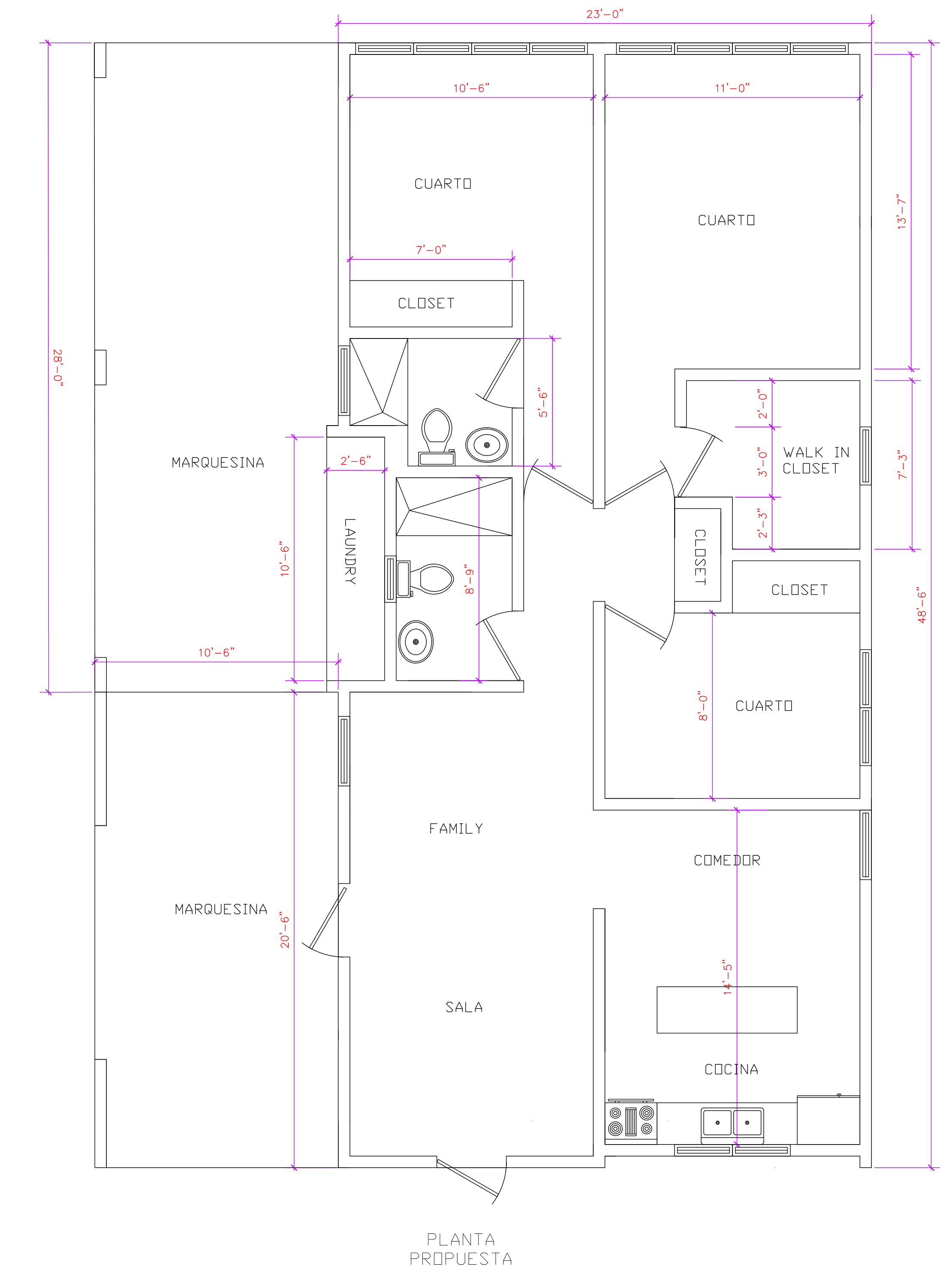 Planta propuesta C-1: tres habitaciones, dos baños, sala, family, comedor, cocina, laundry y marquesina.
