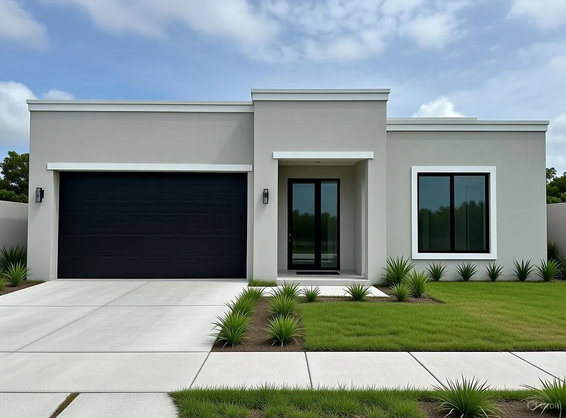 Visualización arquitectónica de una residencia blanca con marquesina y acentos oscuros