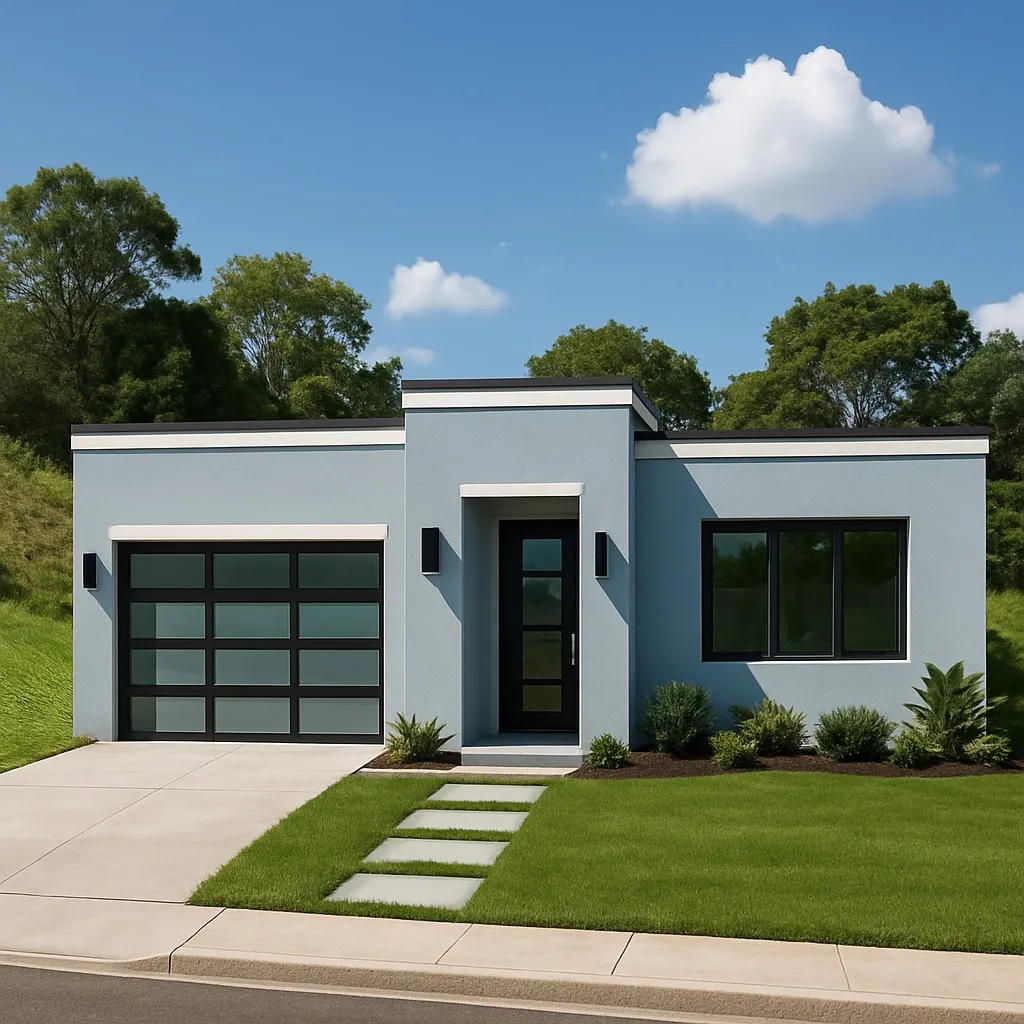 Visualización arquitectónica de una vivienda gris y su jardín