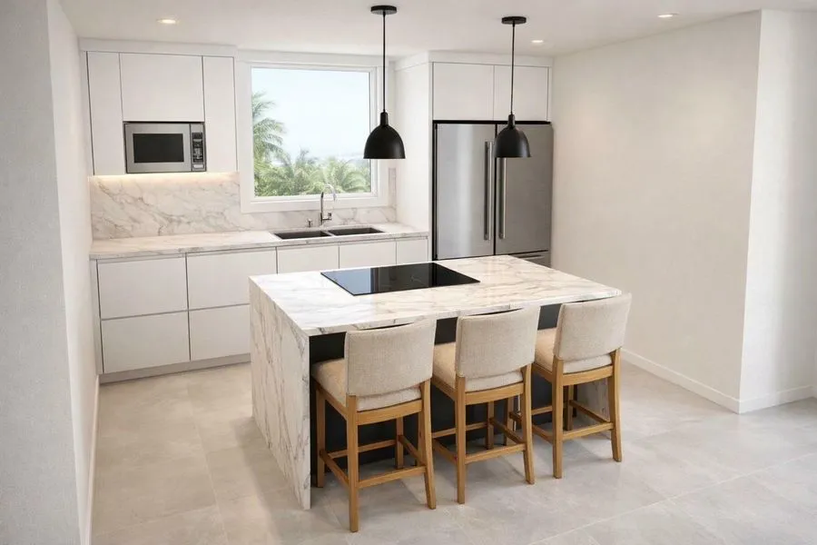 Cocina moderna en PVC con tope de solid surface
